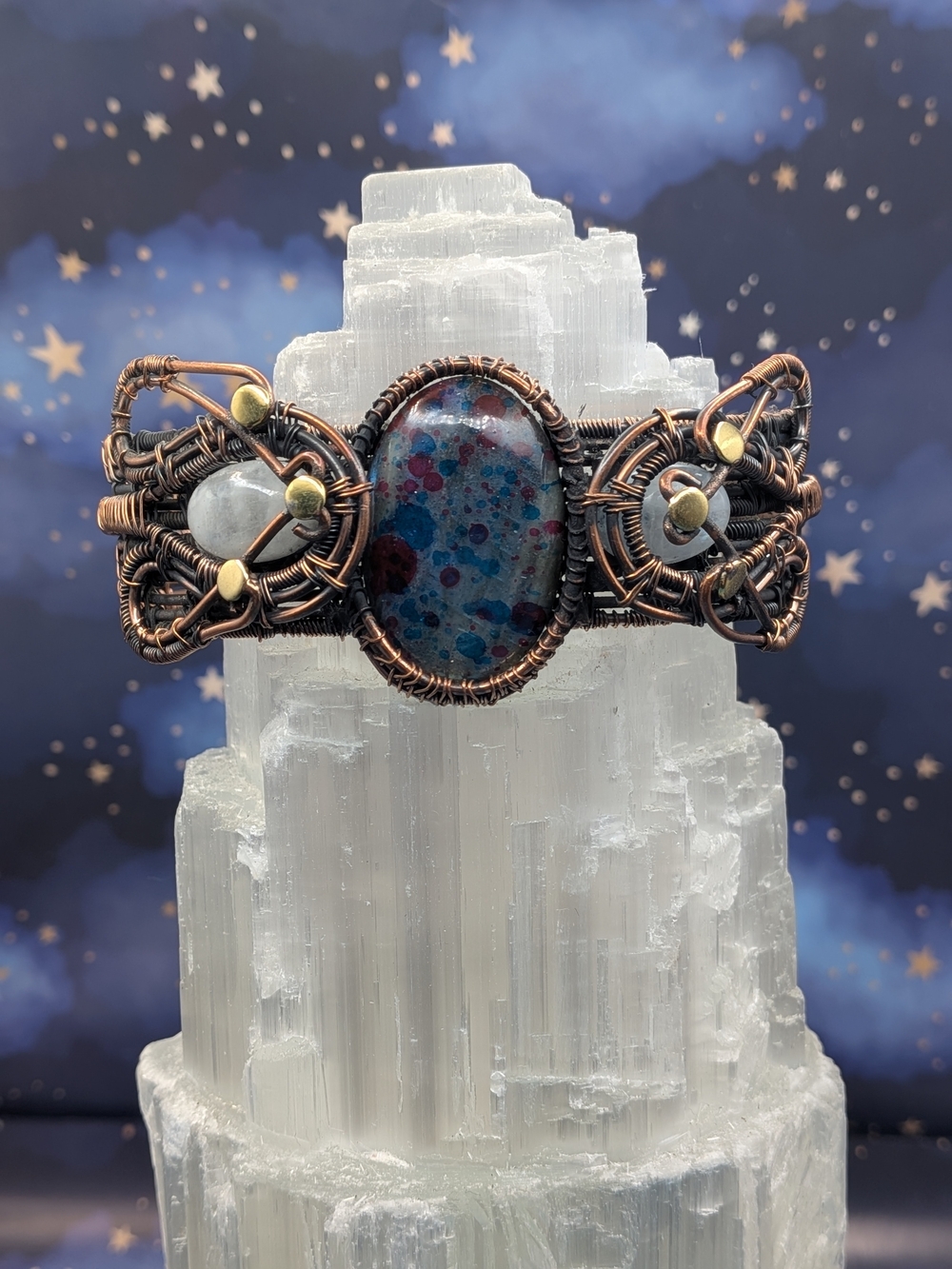 Handcrafted Copper Wire-Wrapped Bracelet with Moonstone and Rainbow Speckled Lab